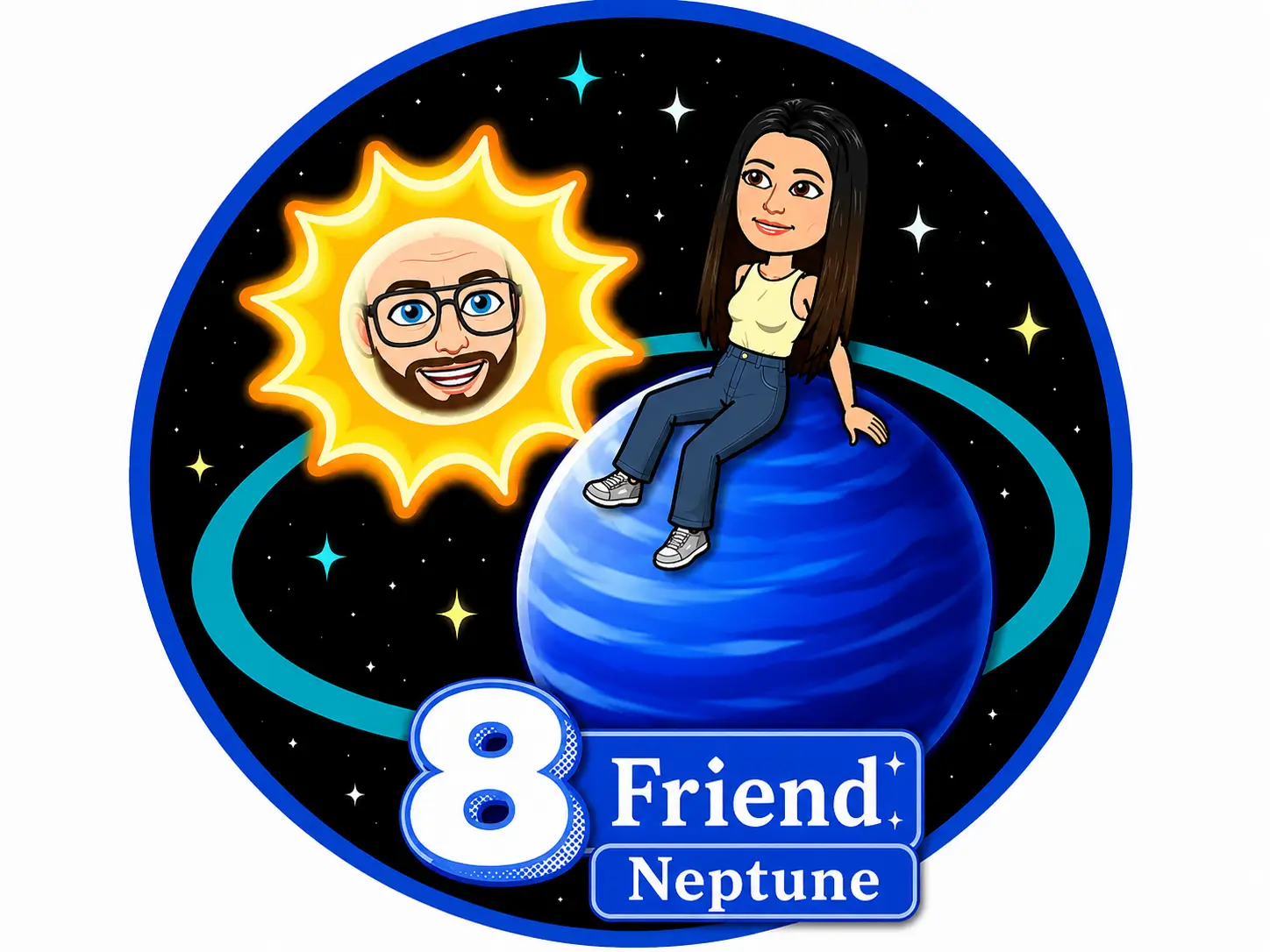 Blue planet Neptune Snapchat badge with stars showing the 8th best friend position in the Friend Solar System