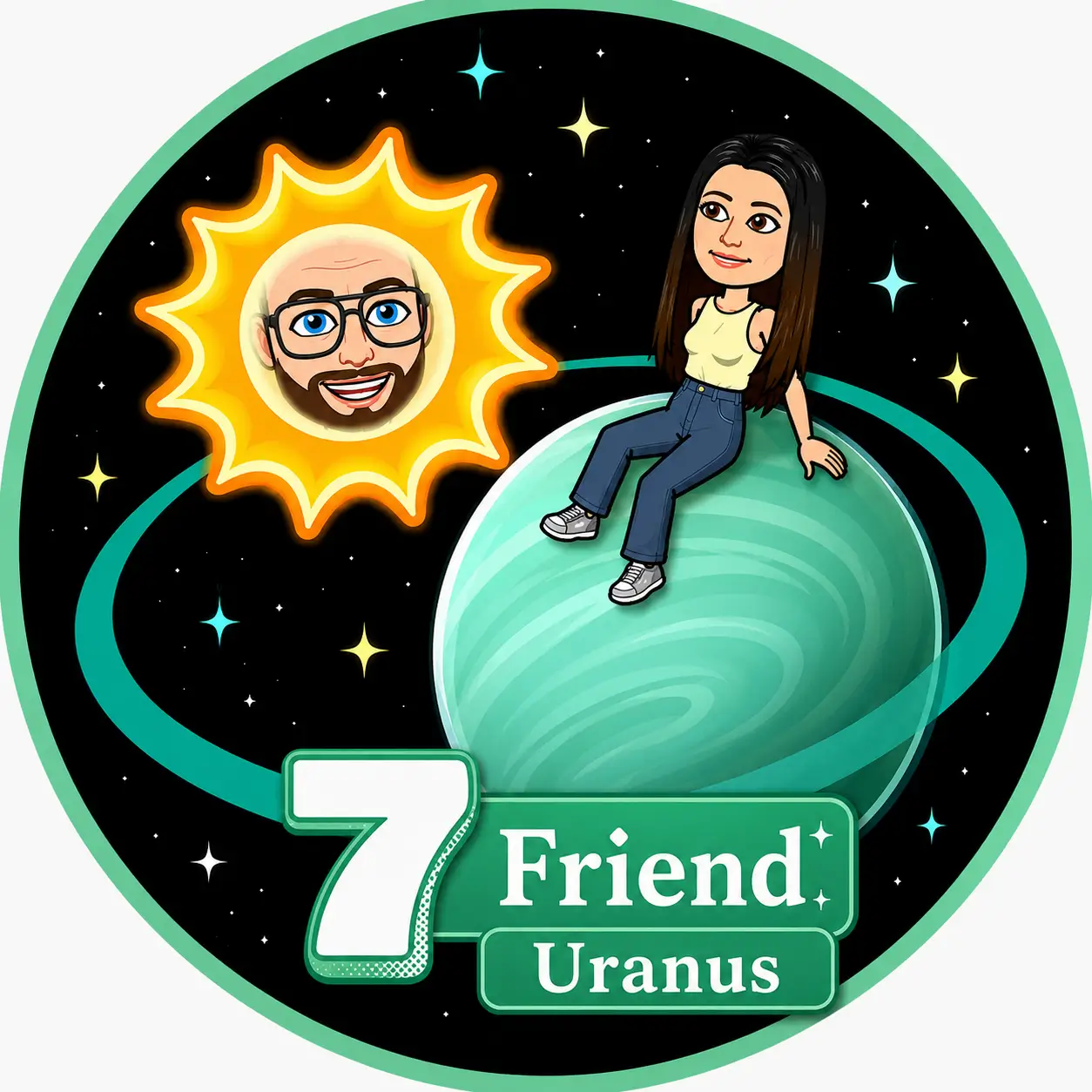 Green planet Uranus Snapchat badge with stars showing 7th best friend position in Friend Solar System