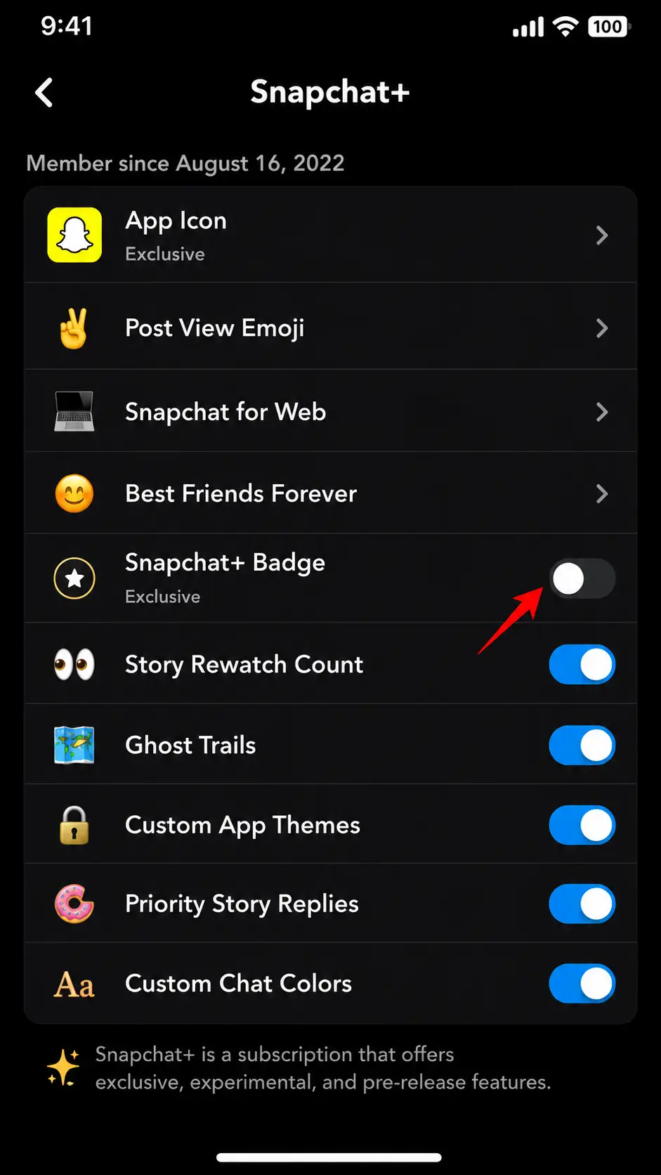 How to hide the Snapchat Plus badge toggle off the Snapchat+ badge option in Snapchat Plus settings.