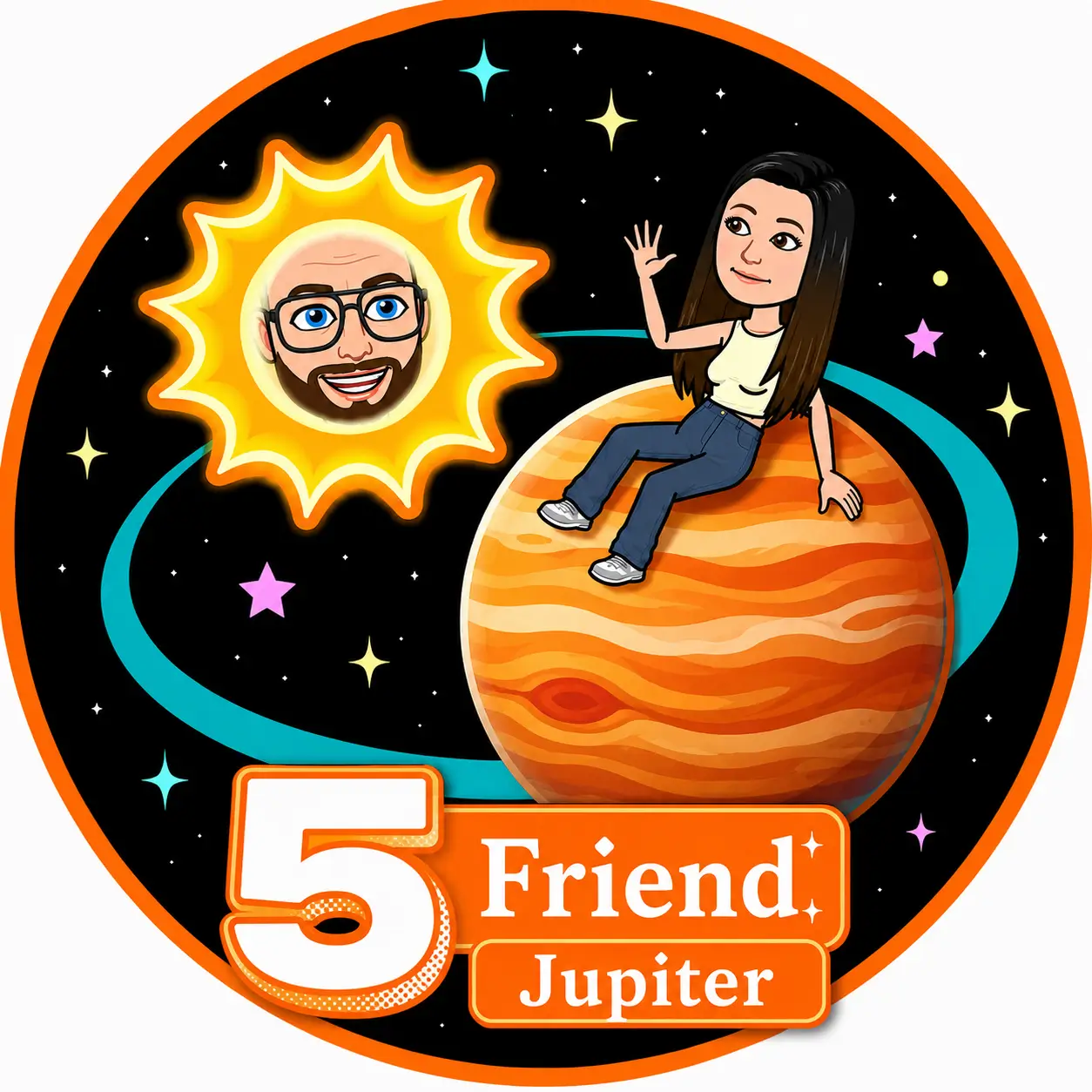 Orange planet Jupiter Snapchat badge with colorful swirls showing the 5th-best friend position in the Friend Solar System.