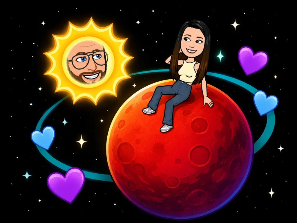 Red planet Mars Snapchat badge with blue and purple hearts showing 4th best friend position in Friend Solar System