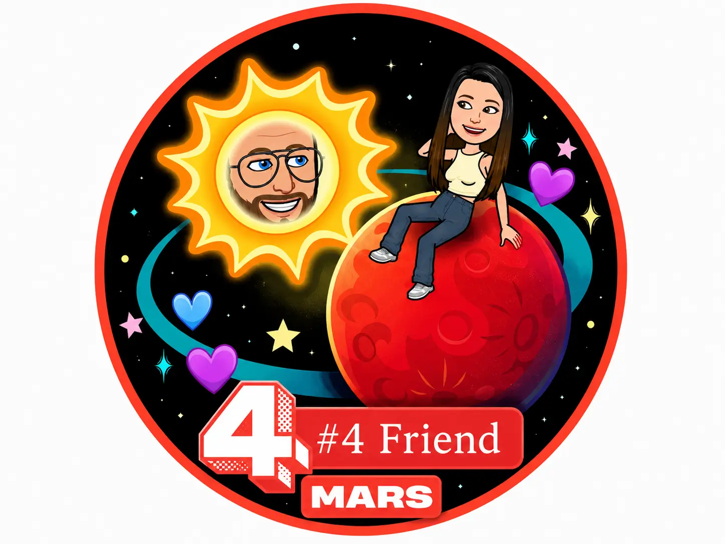 Red planet Mars Snapchat badge with blue and purple hearts showing 4th best friend position in Friend Solar System