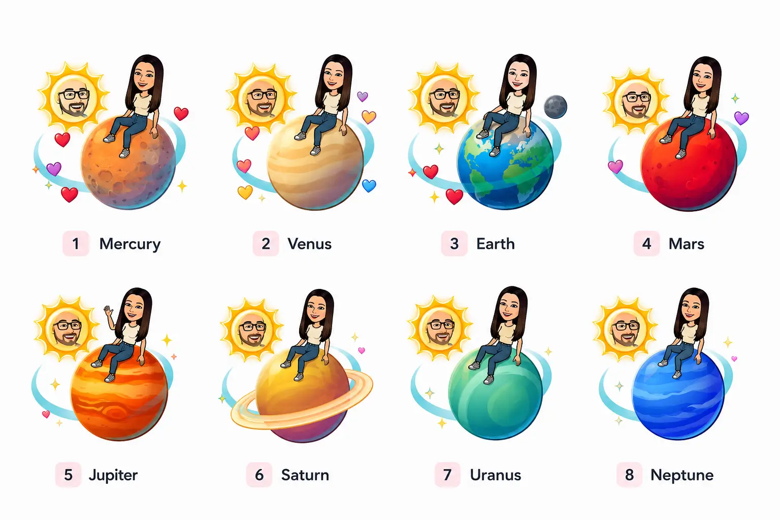 All 8 Snapchat planet badges including Mercury Venus Earth Mars Jupiter Saturn Uranus Neptune