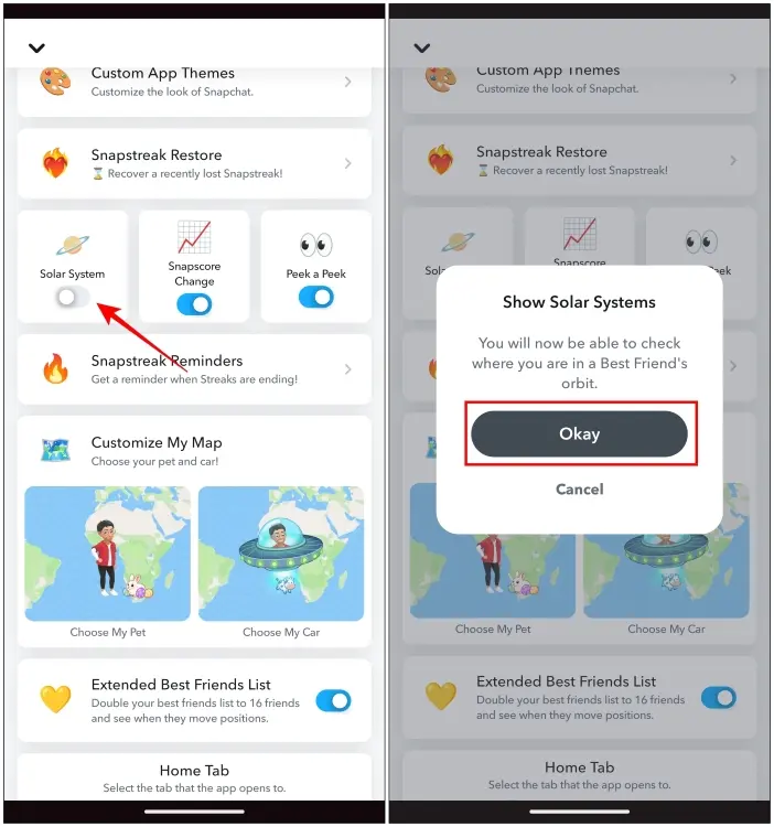 How to enable the Snapchat solar system toggle on Friend Solar System in Snapchat+ settings.